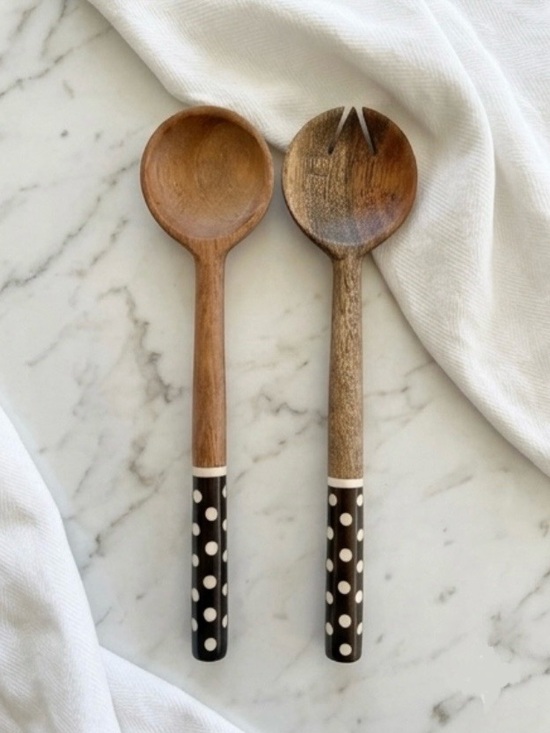 tiramisu Other - Polka Dot Handle Wooden Salad Serving Spoon and Fork Set - Brown